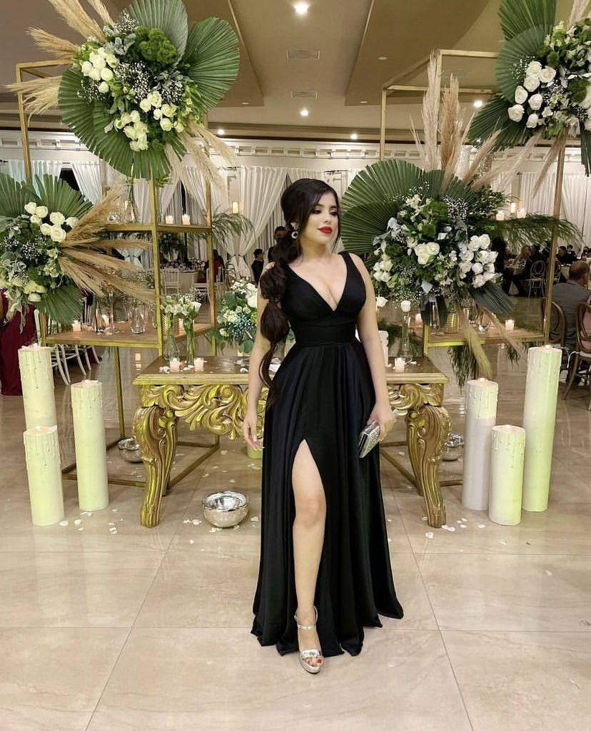 Black Deep V Neck Long Evening Dress Black Bridesmaid Dress Y4648 - VelvetHem