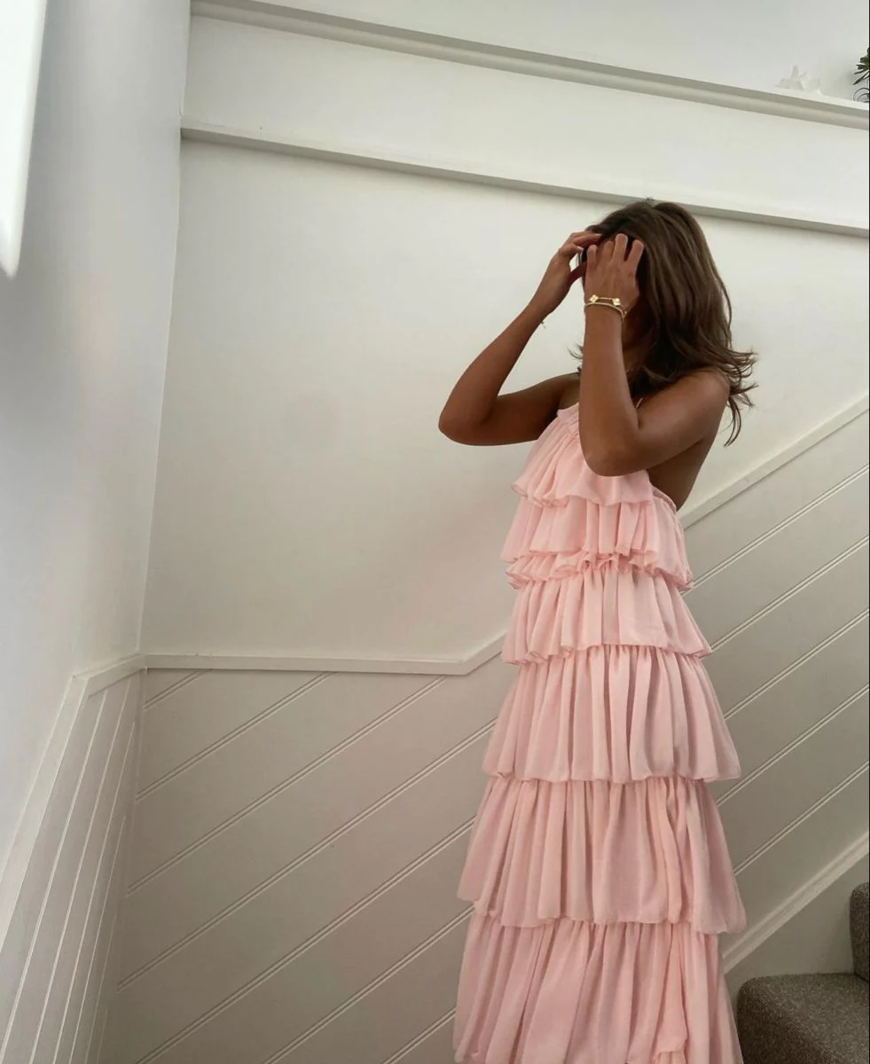 Pink Sleeveless Layered Long Prom Dress,Pink Evening Dress - View 3 | VelvetHem