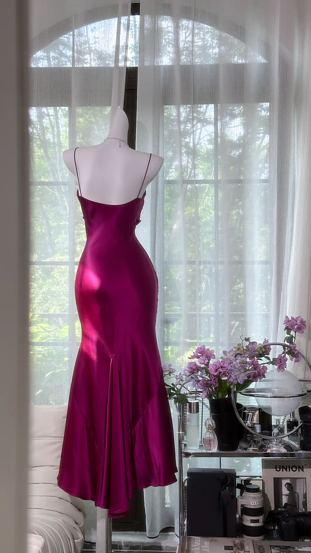 Vintage Spaghetti Straps Satin Pleated Hot Pink Long Party Dress Prom Gown - View 2 | VelvetHem
