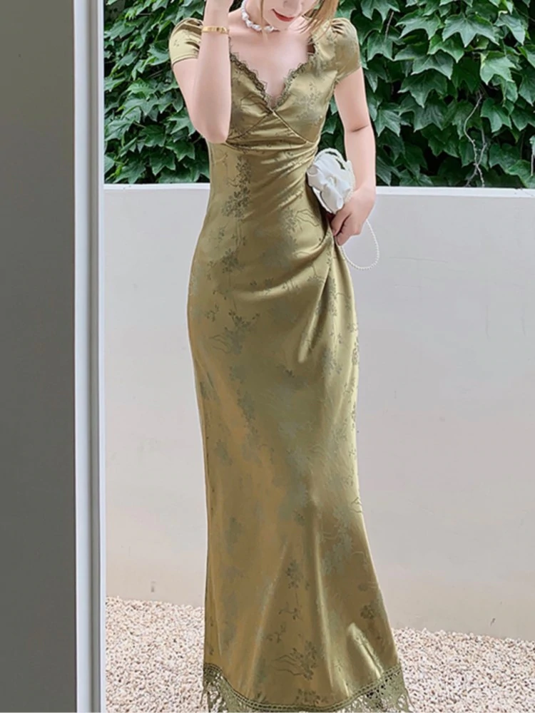 Summer Elegant Women Satin Backless Short Sleeve Lace Sexy Bandage Vintage Bodycon Vestidos Female Fashion Robe New Prom Dress - VelvetHem