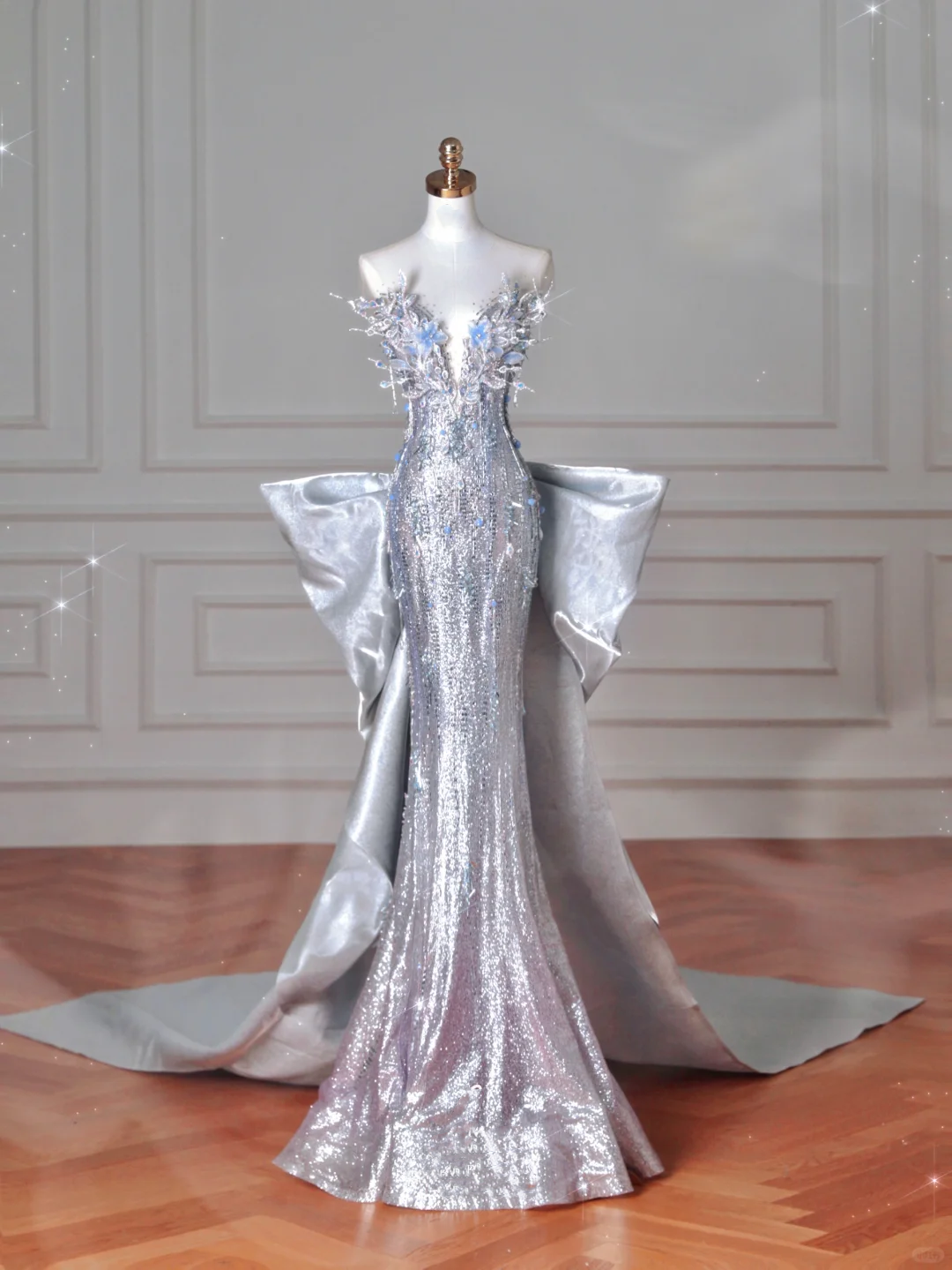 Luxury Silver Sequin 3D Beaded Mermaid Evening Dress Long Prom Dress With Bow Y8640