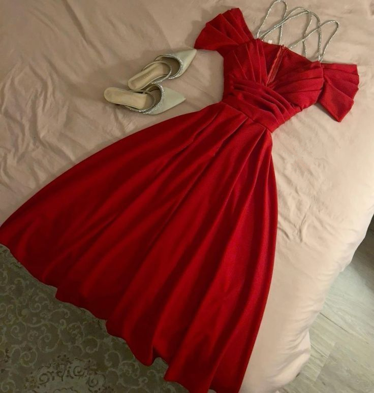 Beautiful Off The Shoulder Red Satin Pleated Party Dress Spaghetti Strap Prom Dress Evening Dress - VelvetHem