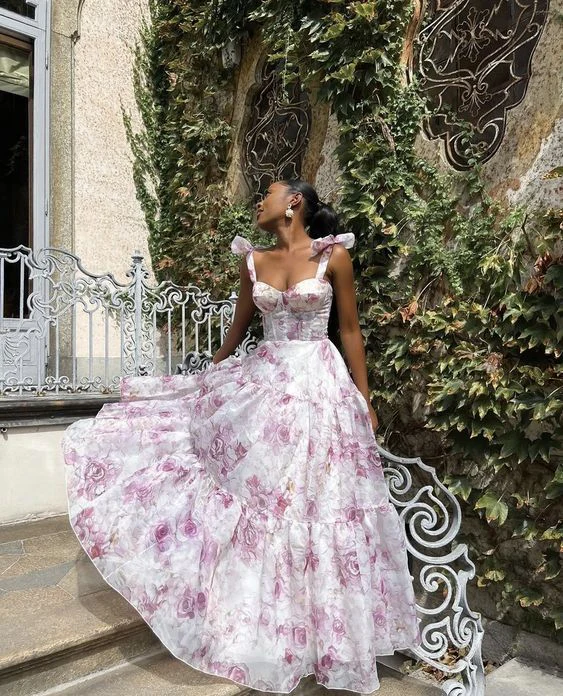 Classy Rose Print Floral Chiffon A Line Prom Evening Dress,Long Party Gown - VelvetHem