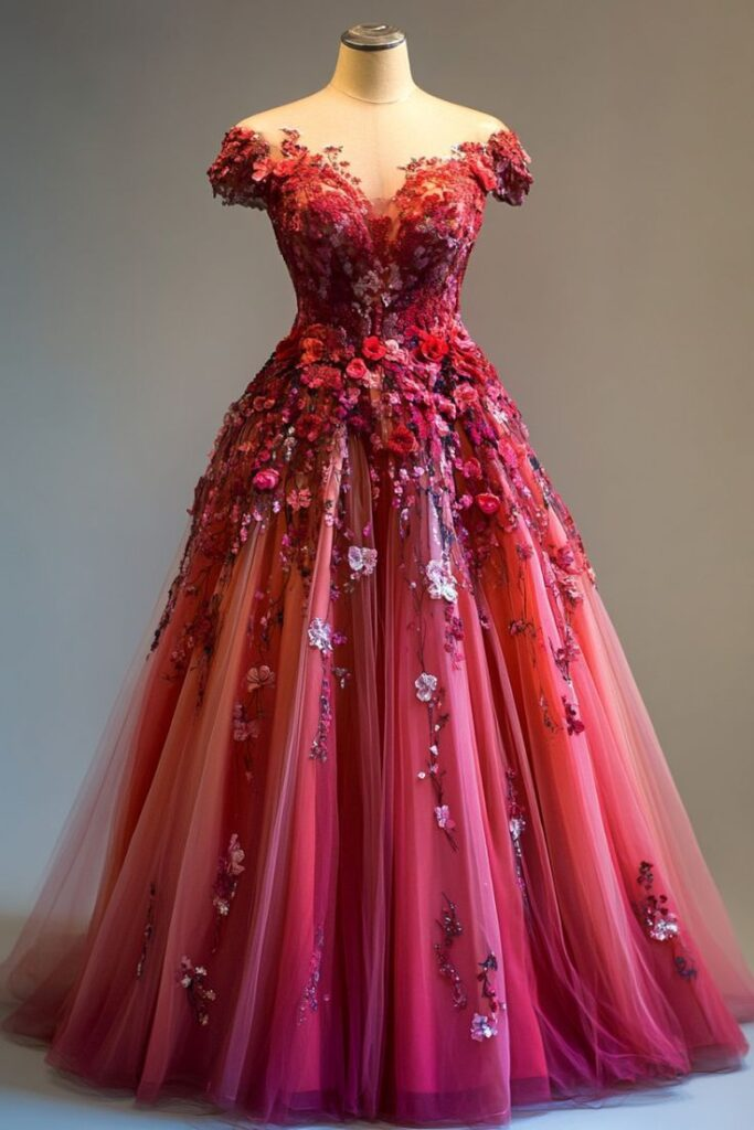 Gorgeous Pink Tulle Appliques Ball Gown,Off The Shoulder A Line Party Evening Dress - VelvetHem
