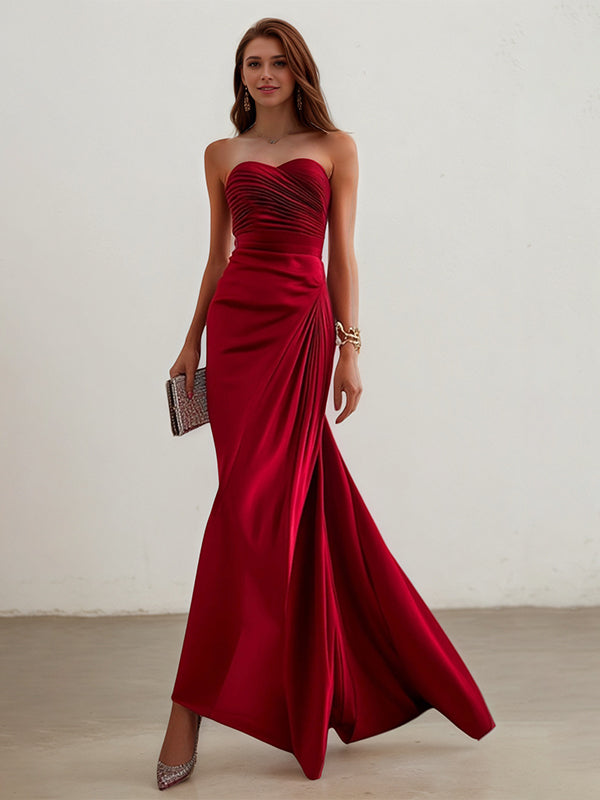 Elegant Formal Red Ankle Length Prom Dress Strapless Evening Gown - VelvetHem