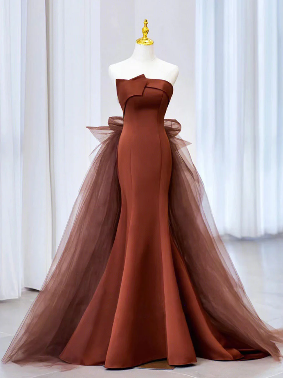 Mermaid Tulle Satin Long Prom Dress Mermaid Evening Dress Y4348 - VelvetHem