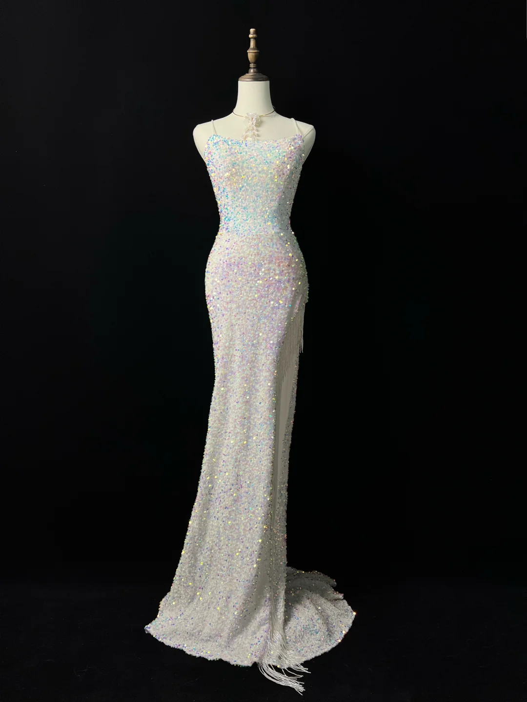 Sparkly White Spaghetti Straps Sequins Prom Dress Mermaid Slit Tassel Evening Dress Y8648 - VelvetHem