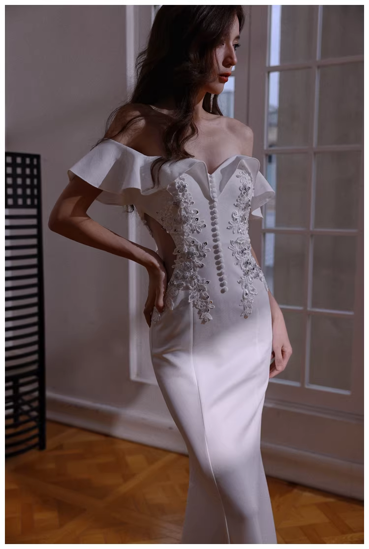 Elegant Off The Shoulder White Satin Appliques Mermaid Evening Dress Long Wedding Guest Dress - View 6 | VelvetHem