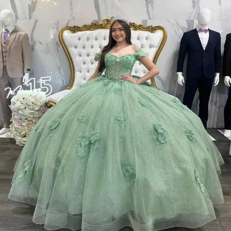Beautiful Tulle Sequins Off The Shoulder Quinceanera Dress,Green Ball Gown With Bow - VelvetHem