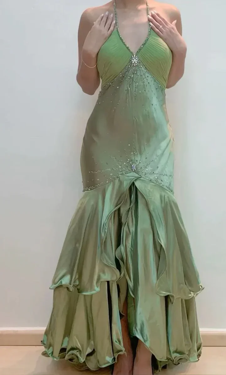 Elegant Green Halter Backless Beading Mermaid Layered Prom Dress Long Evening Dress - VelvetHem