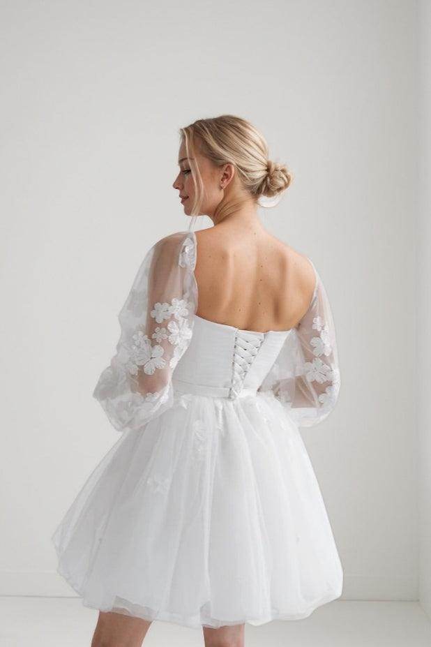 White Off-the-Shoulder Tulle Bridal Dress with Detachable Lace Sleeves