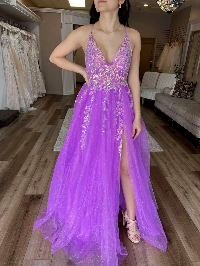 Purple V Neck Tulle Lace Appliques Long Prom Dress High Slit Evening Dress Y7847 - VelvetHem