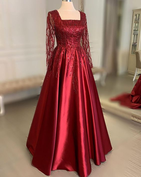 Elegant Burgundy Square Neckline A-line Prom Dress - VelvetHem