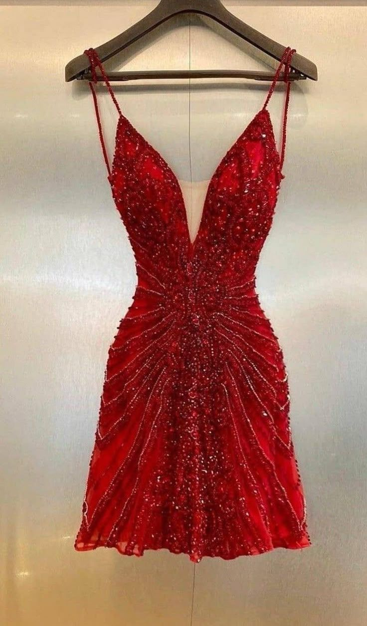 Sparkly Spaghetti Straps Sequin Beaded Short Cocktail Dress Red Mini Party Dress Homecoming Dress - VelvetHem