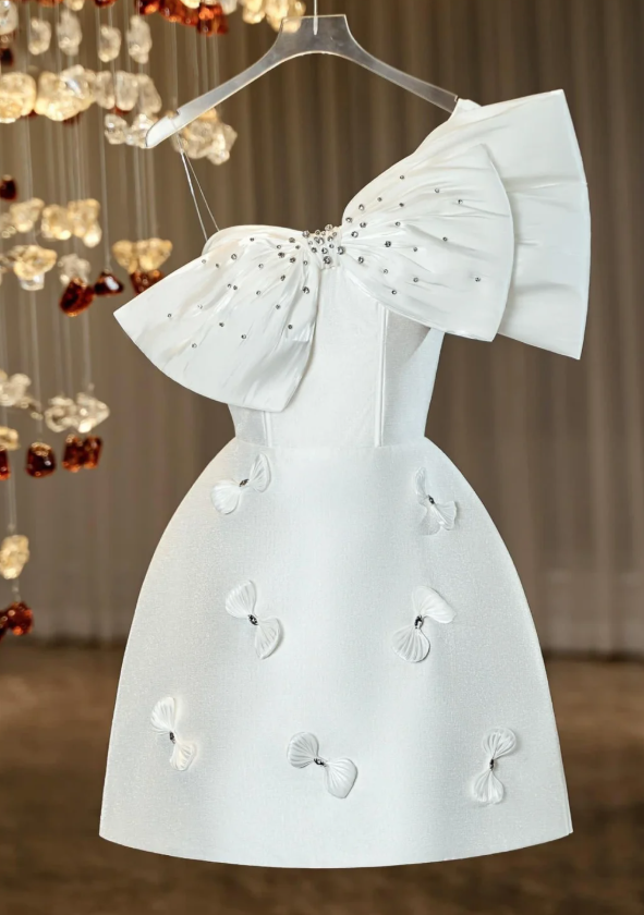 White Satin A Line Bow Homecoming Dress Classy Birthday Dress - VelvetHem