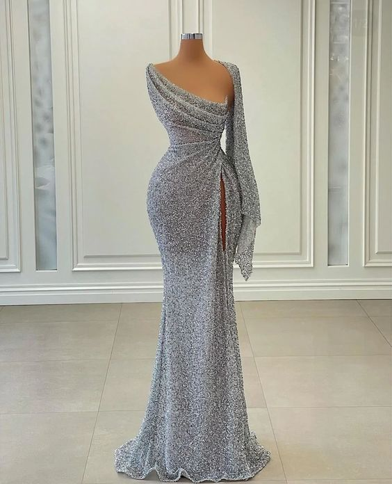 Mermaid Sequin Long Prom Dress Irregular Neckline Charming Evening Gown Y269 - VelvetHem