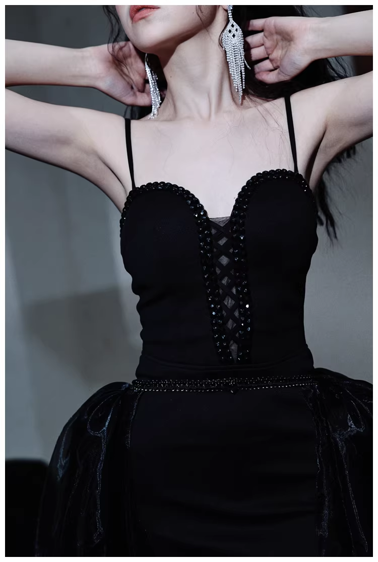 Gorgeous Black Organza Satin Beaded Long Party Dress Birthday Evening Dress - View 7 | VelvetHem