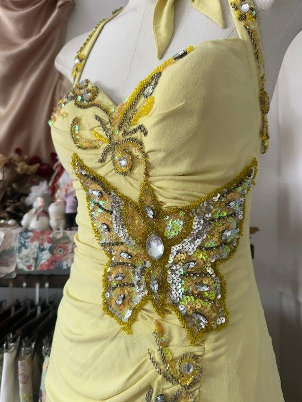Elegant Yellow Mermaid Halter Neck Sequin Diamond Long Prom Dress Backless Slit Evening Dress Y8554