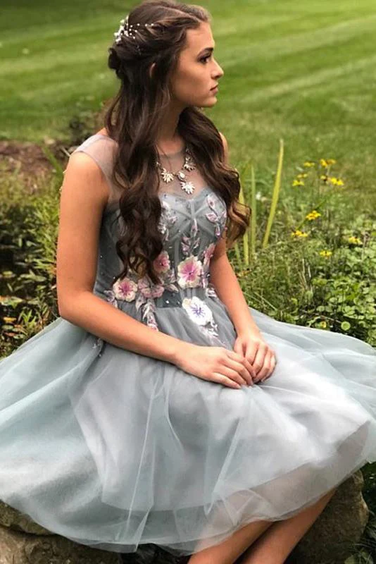 Illusion Round Neckline Grey Tulle Homecoming Dresses With Appliques - VelvetHem