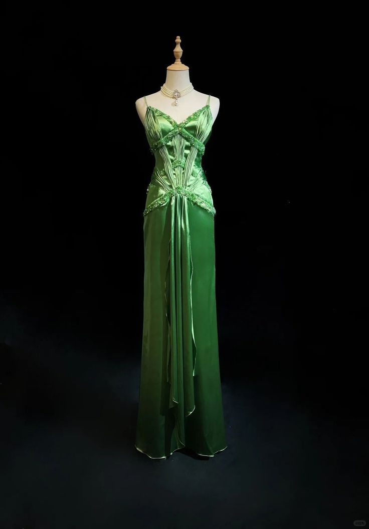Vintage Green Satin Beaded Party Prom Dress,Spaghetti Strap Evening Dress - VelvetHem