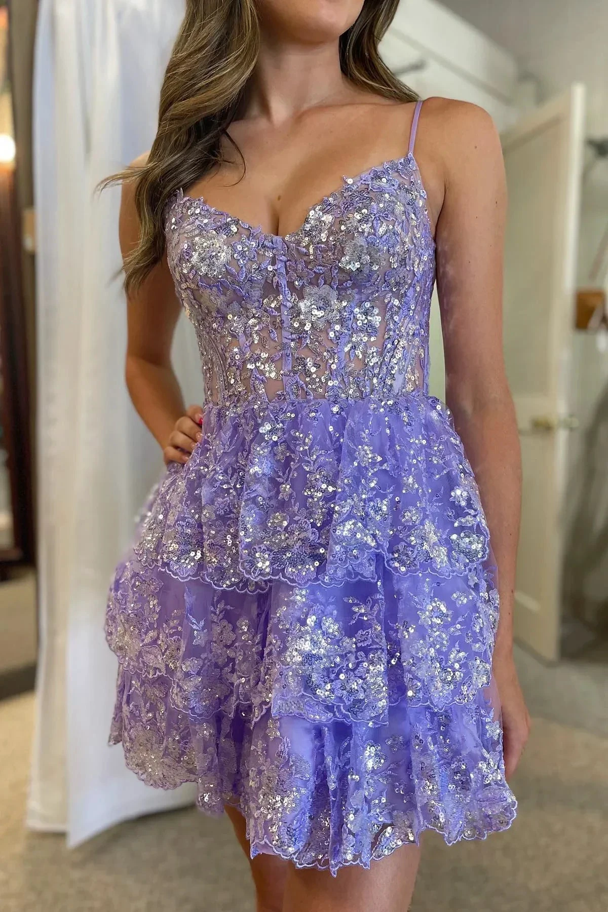 Lavender Straps Sequined Multi-Layers Tulle Homecoming Dress (ZD11855) - VelvetHem