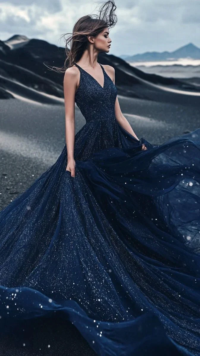 Gorgeous Sequin Tulle A Line Prom Dress,Navy Blue V Neck Evening Dress Wedding Dress (ZD13745) - VelvetHem