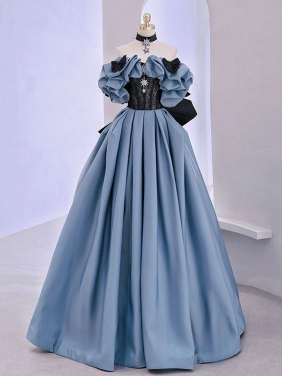 Blue Satin Lace Long Prom Dress Off Shoulder Evening Dress Y5621 - VelvetHem