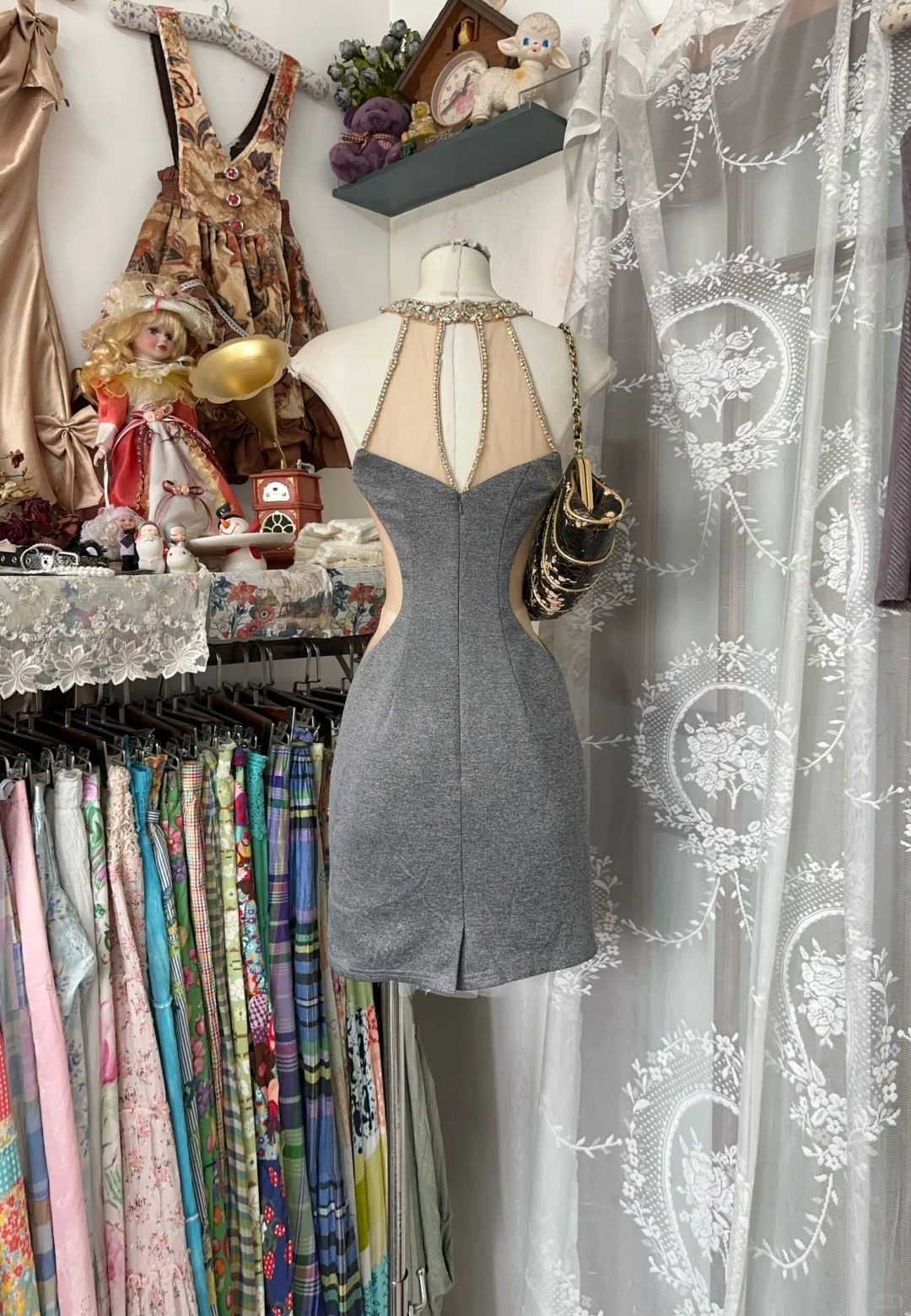 Vintage Gray Sleeveless Satin Beaded Sheath Cocktail Dress Mini Homecoming Dress - View 3 | VelvetHem