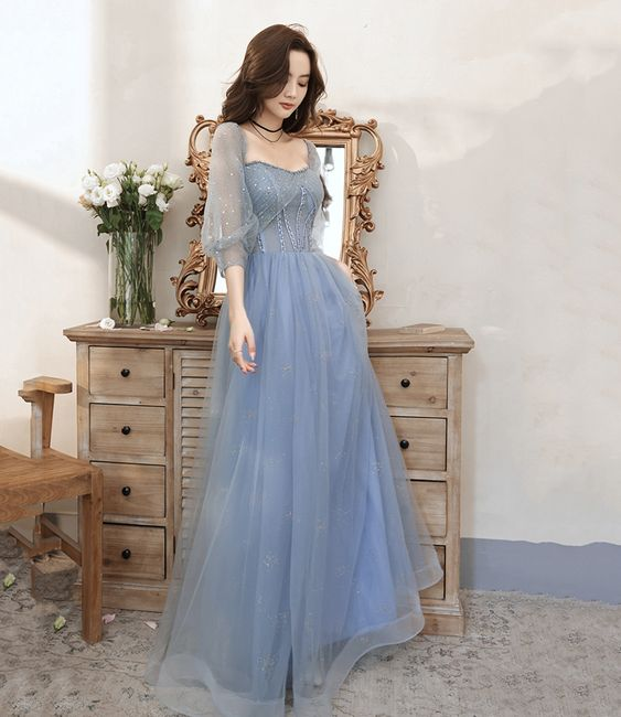 Blue tulle beaded long prom dress blue evening dress Y5835 - VelvetHem