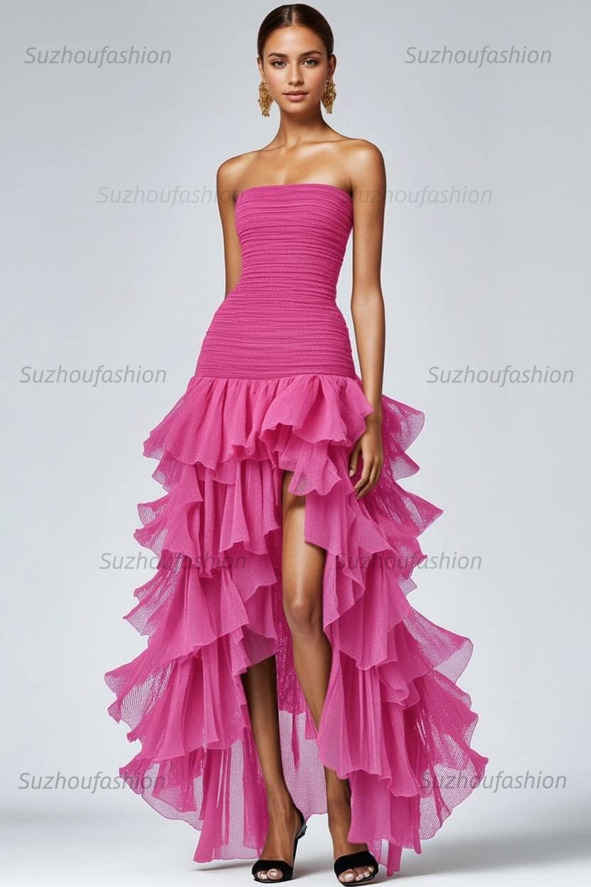 Black Wedding Guest Dress Strapless Tulle Long Ruffled Formal Dress With Slit