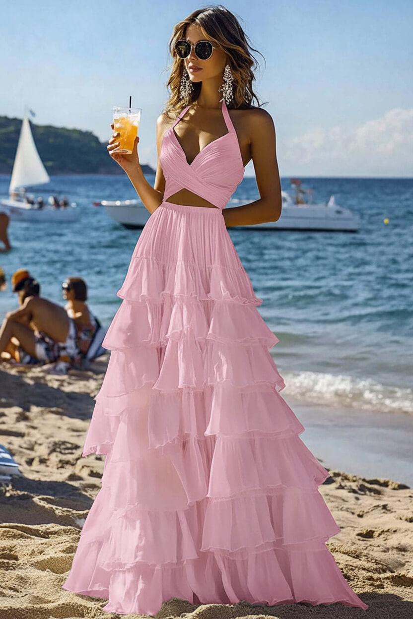 Halter Tiered White 2 Piece Ruffled Formal Dress