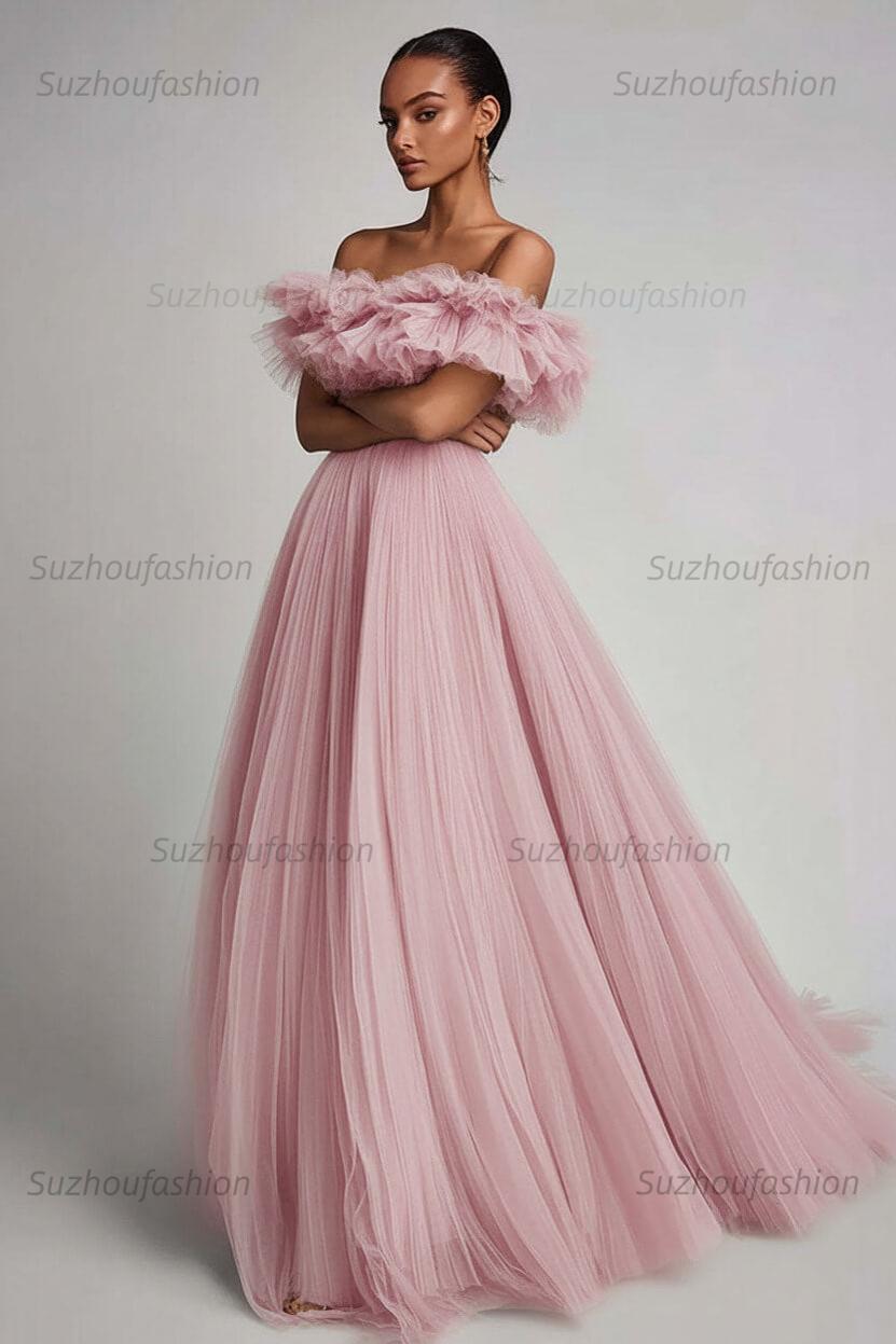 Dusty Sage Prom Dress Tulle A Line Long Formal Dress With Ruffles