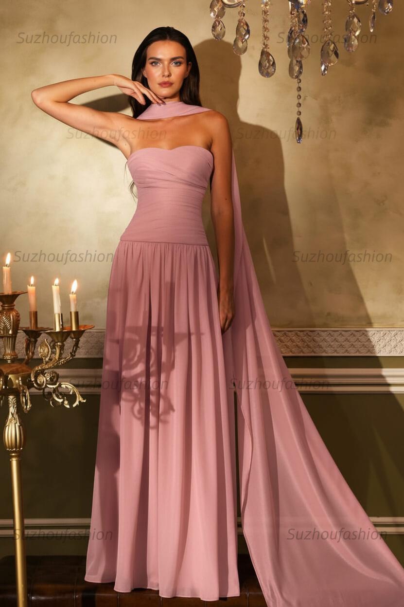 Chiffon Strapless Sleeveless Long Evening Formal Dress With Ruffled Pleated