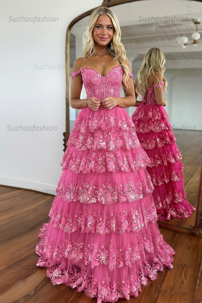 Glitter Hot Pink Corset Off the Shoulder Lace Long Prom Dress