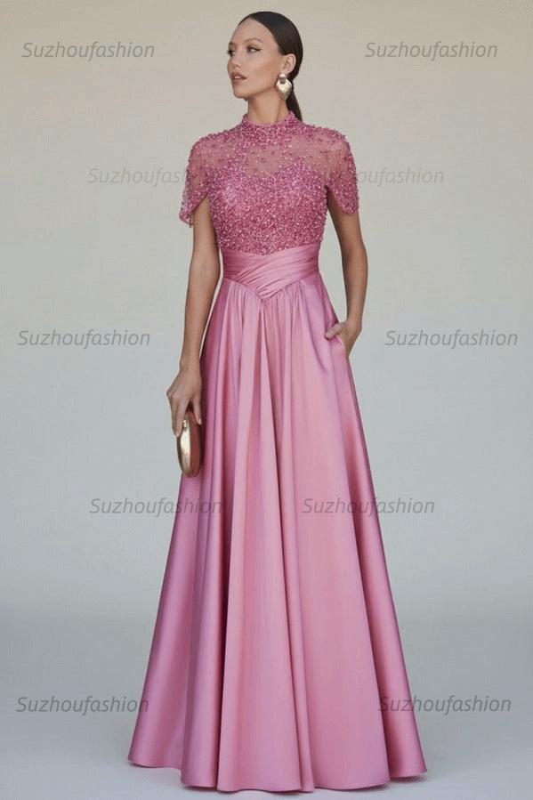 High Neck Short Sleeves Long Evening Formal Dress With Beading Pockets