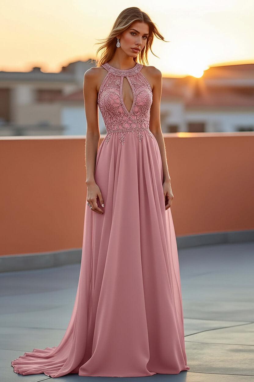Beaded Navy Wedding Guest Dress Halter Long Formal Dress With Embroideries