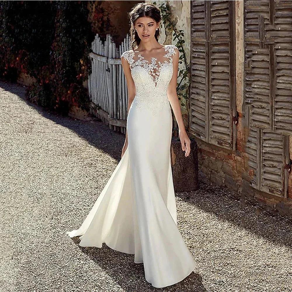 Cap Sleeve Appliques Lace Sheath Wedding Dress Illusion Bohemian Bridal Gowns Beach Satin Vestido De Novia (ZD13414) - VelvetHem