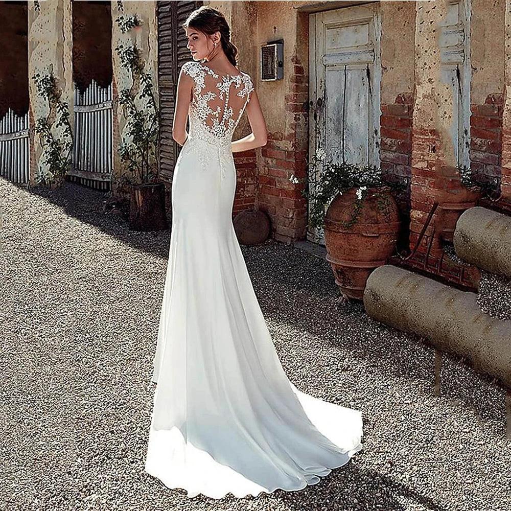 Cap Sleeve Appliques Lace Sheath Wedding Dress Illusion Bohemian Bridal Gowns Beach Satin Vestido De Novia (ZD13414)