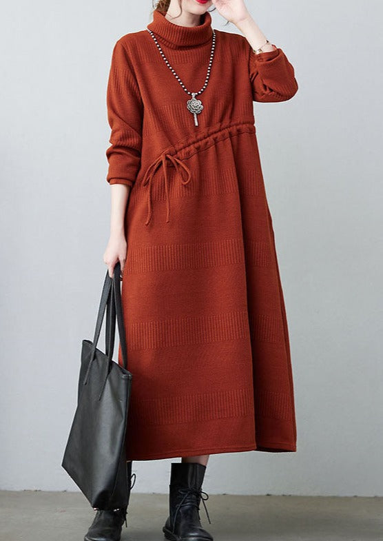 Caramel Drawstring Knit Loose Dresses Winter