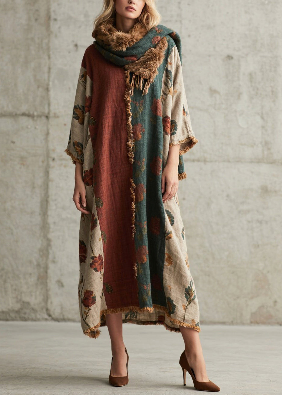 Casual Colorblock Oversized Patchwork Faux Fur Maxi Dresses Bracelet Sleeve