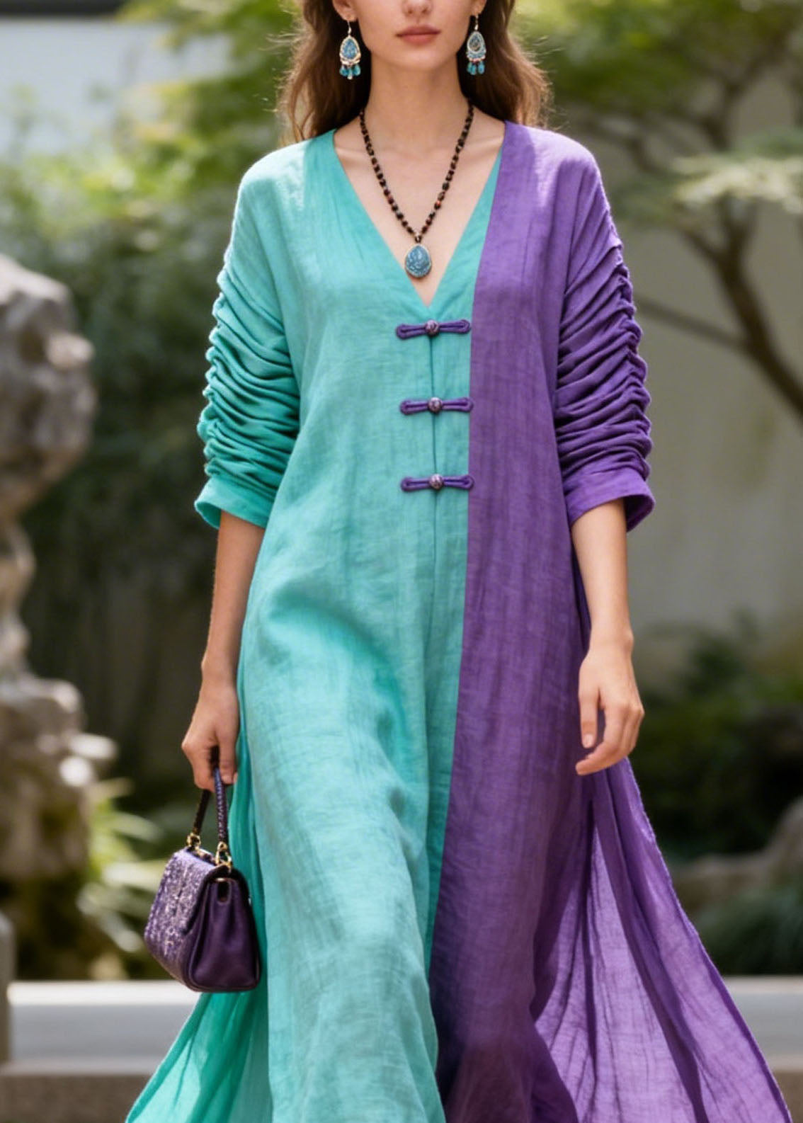 Casual Colorblock V Neck Patchwork Cotton Dresses Summer