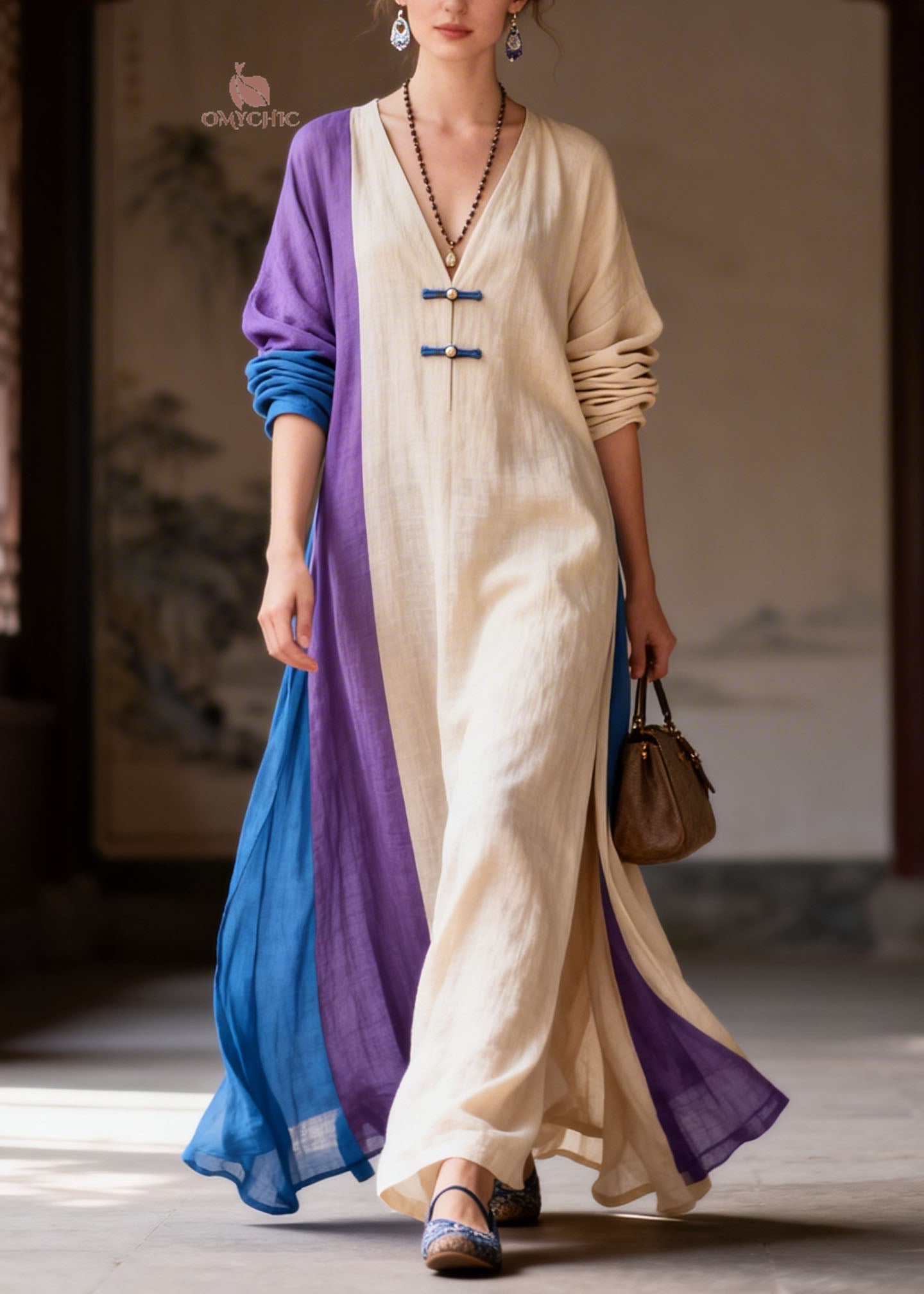 Casual Colorblock V Neck Patchwork Cotton Long Dress Summer