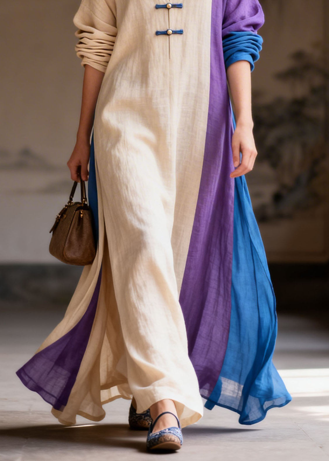 Casual Colorblock V Neck Patchwork Cotton Long Dress Summer
