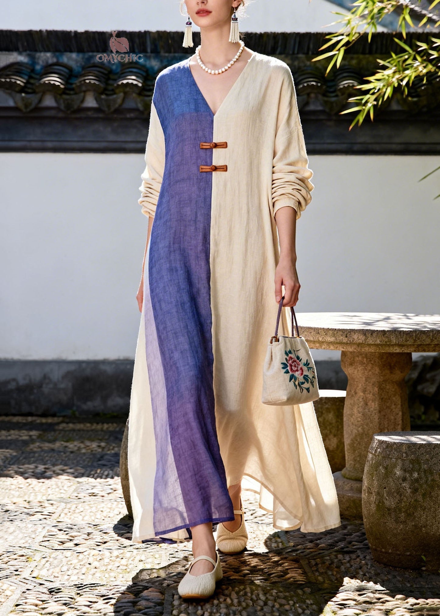 Casual Colorblock V Neck Patchwork Cotton Long Dress