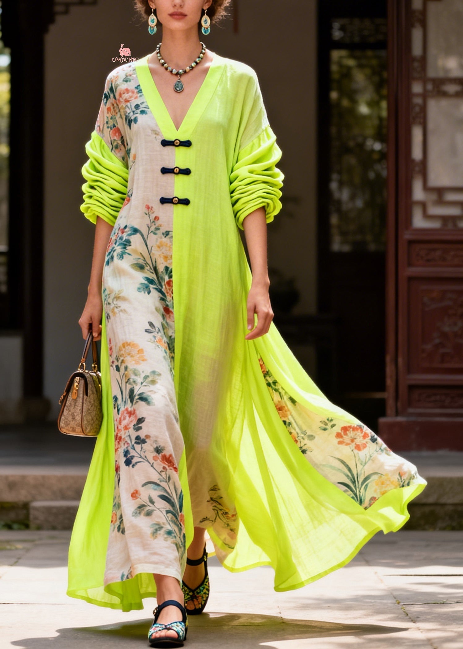 Casual Colorblock V Neck Print Maxi Dresses Fall
