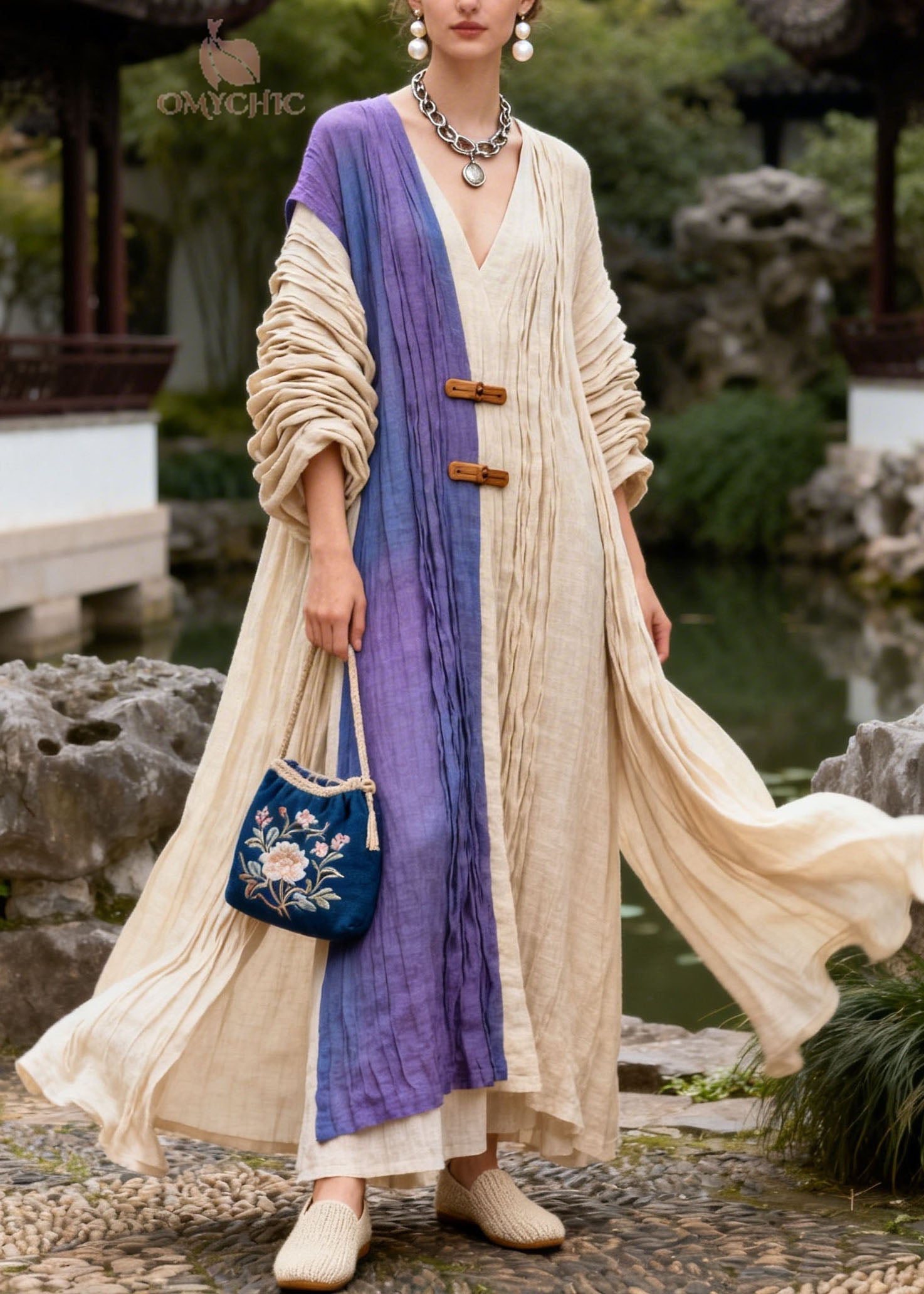 Casual Colorblock V Neck Wrinkled Patchwork Cotton Dress Summer