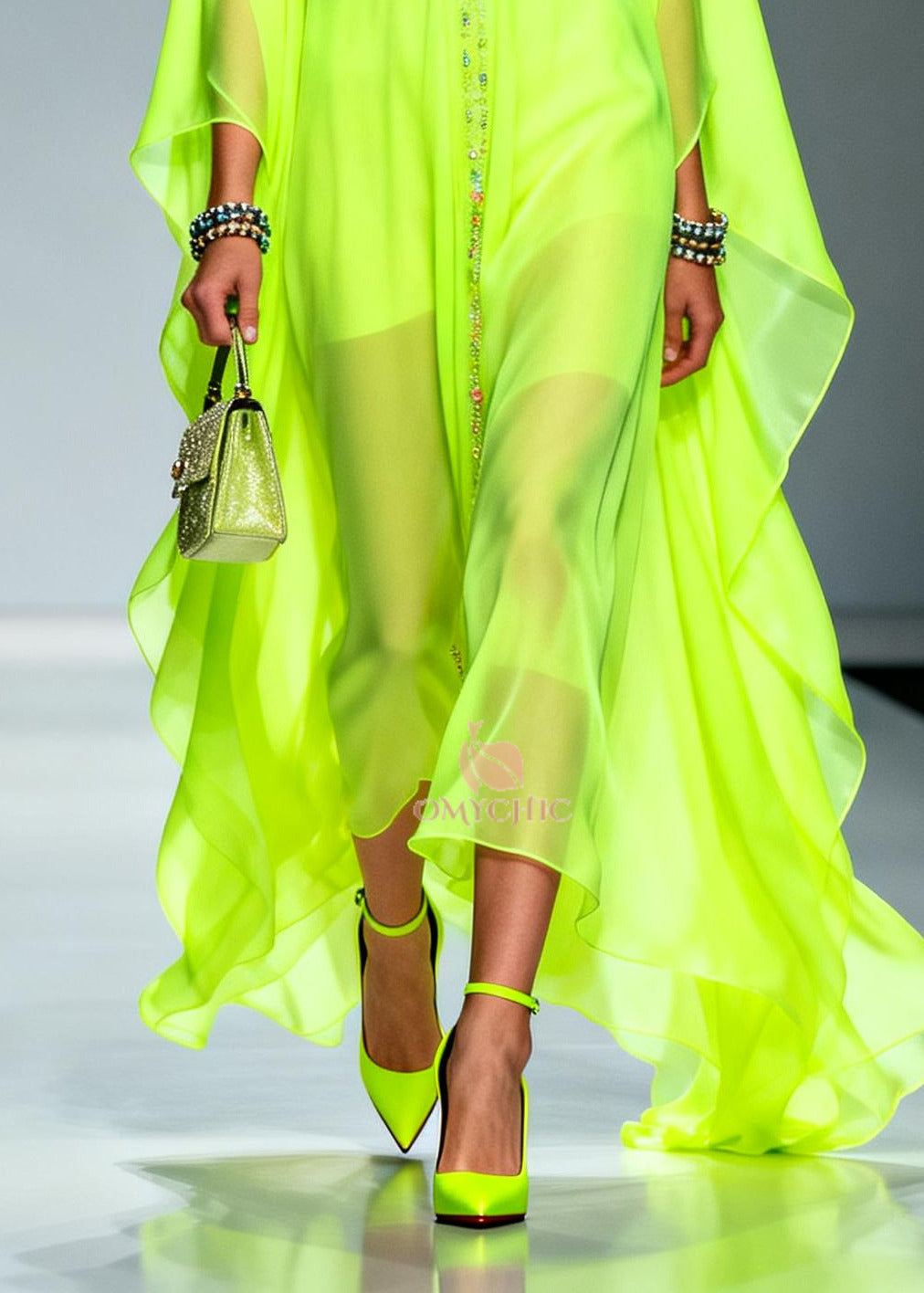 Casual Fluorescent Green Oversized Zircon Chiffon Long Dress Summer