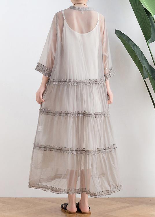Casual Grey Button O-Neck Ankle Summer Chiffon Dress