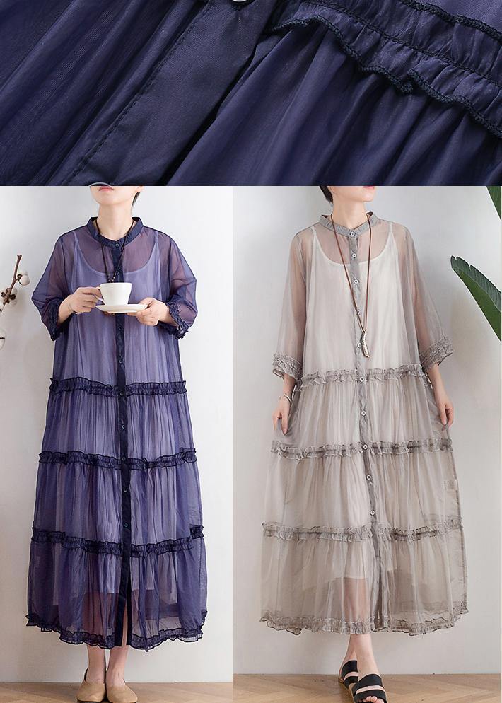 Casual Grey Button O-Neck Ankle Summer Chiffon Dress