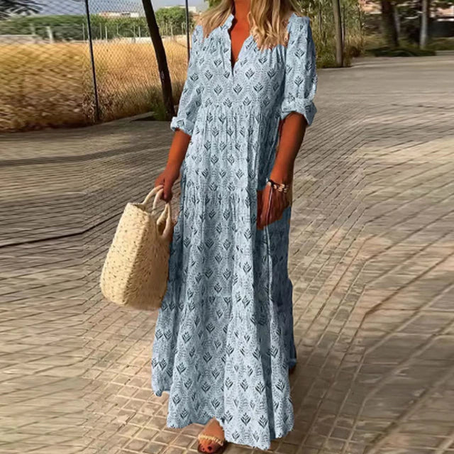 Fiora Effortless Casual Long Sleeve V Neck Dress Boutique Collection